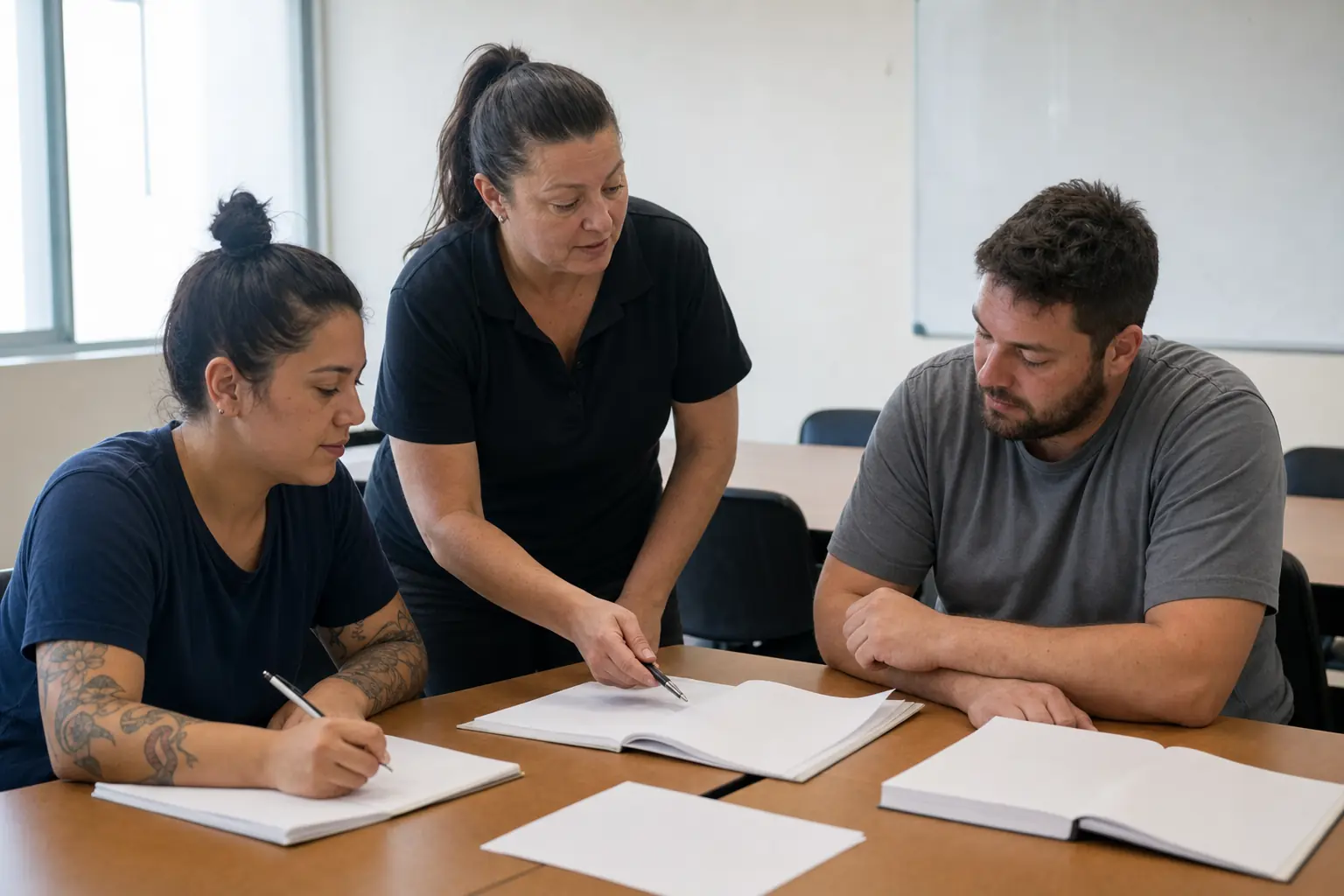 Trainer guiding two students through course workbooks at a classroom desk.