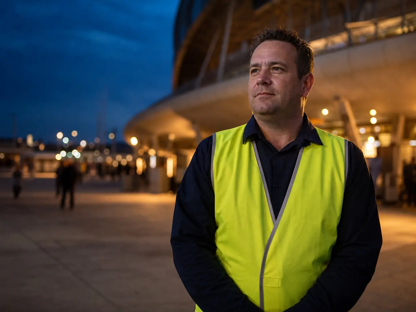 Security officer in a high-visibility vest standing outside a venue at dusk.